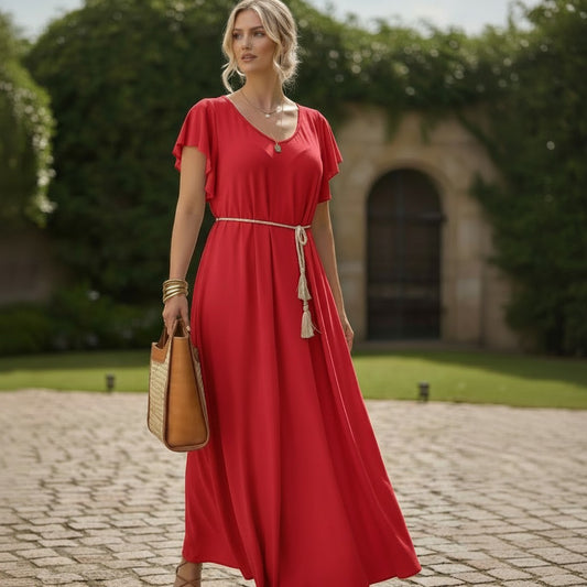 Robe longue évasée à manches volantées