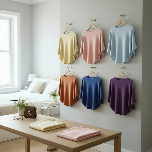 La Vie Continue collection of loose-fit, wide-sleeved ponchos in various colors: yellow, pink, light blue, orange, navy, and purple.