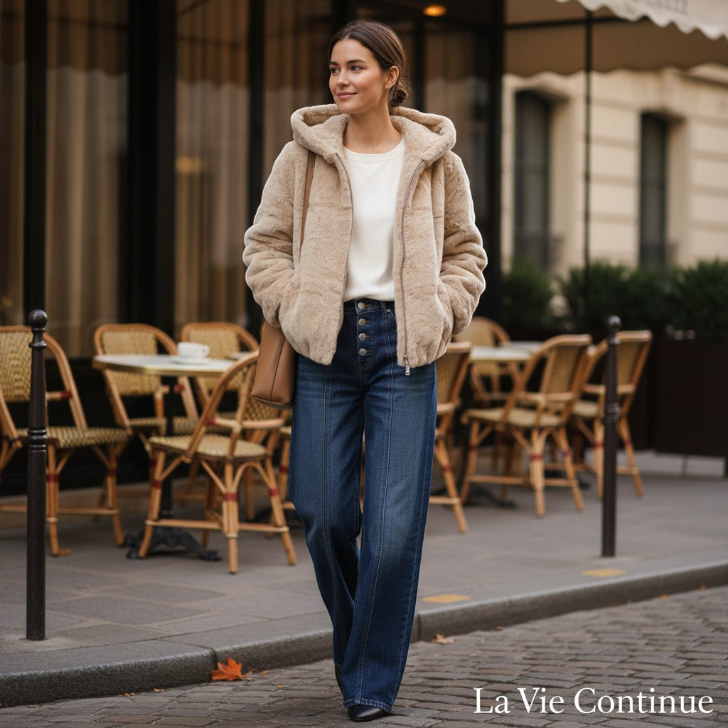 La Vie Continue ecru faux fur hooded jacket with zip closure and two pockets, worn by a woman with dark hair.