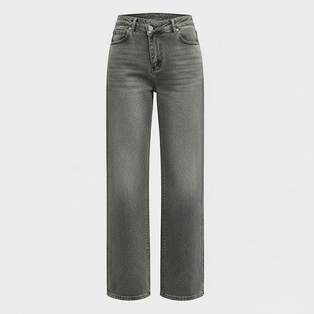 La Vie Continue grey wide leg jeans with asymmetric button detail, made from cotton blend.