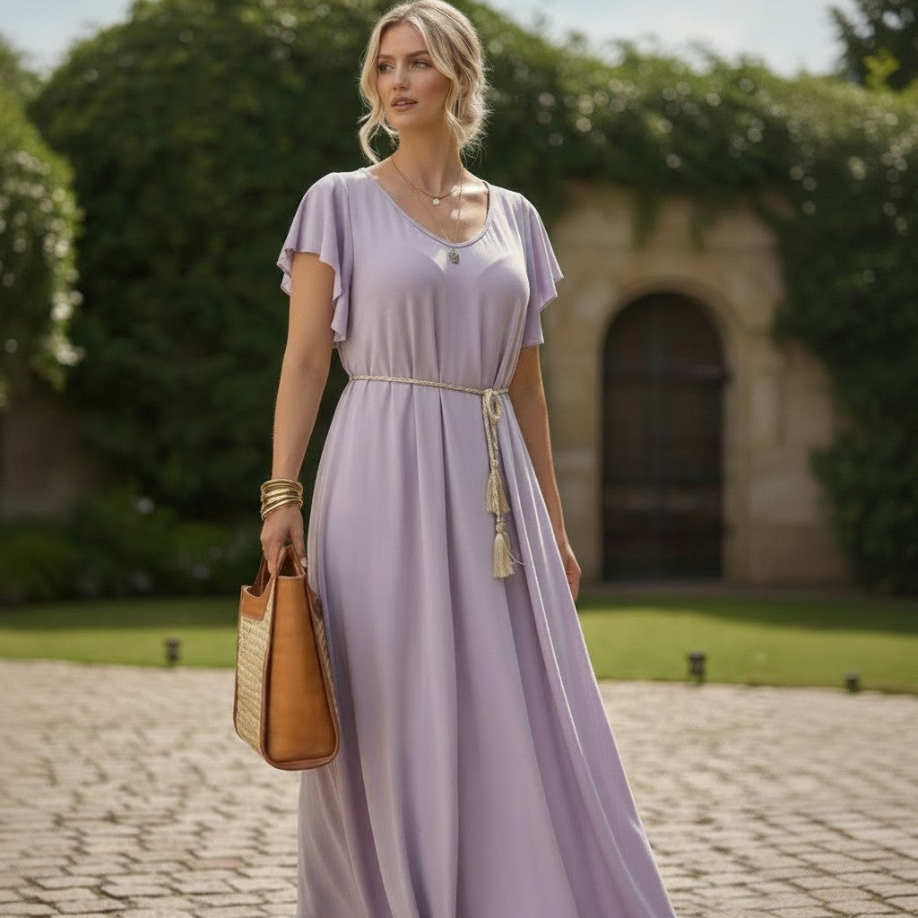 Robe longue évasée à manches volantées