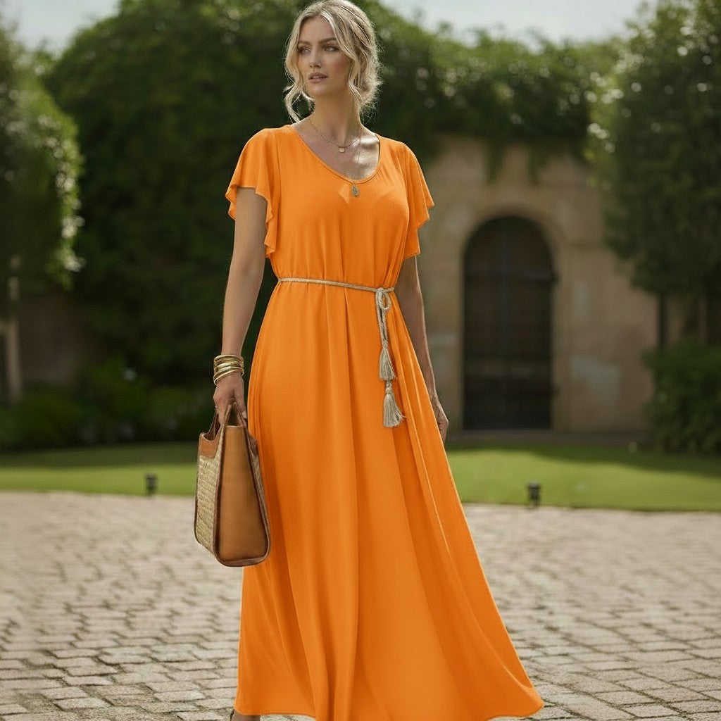 Robe longue évasée à manches volantées
