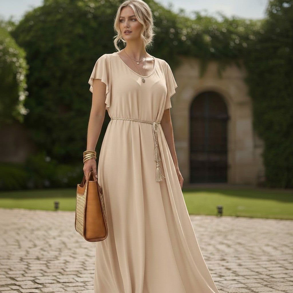 Robe longue évasée à manches volantées