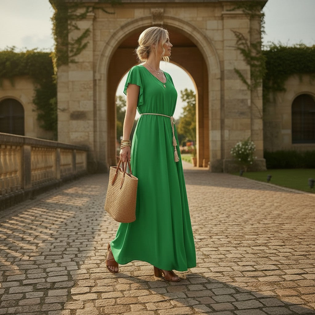 Robe longue évasée à manches volantées