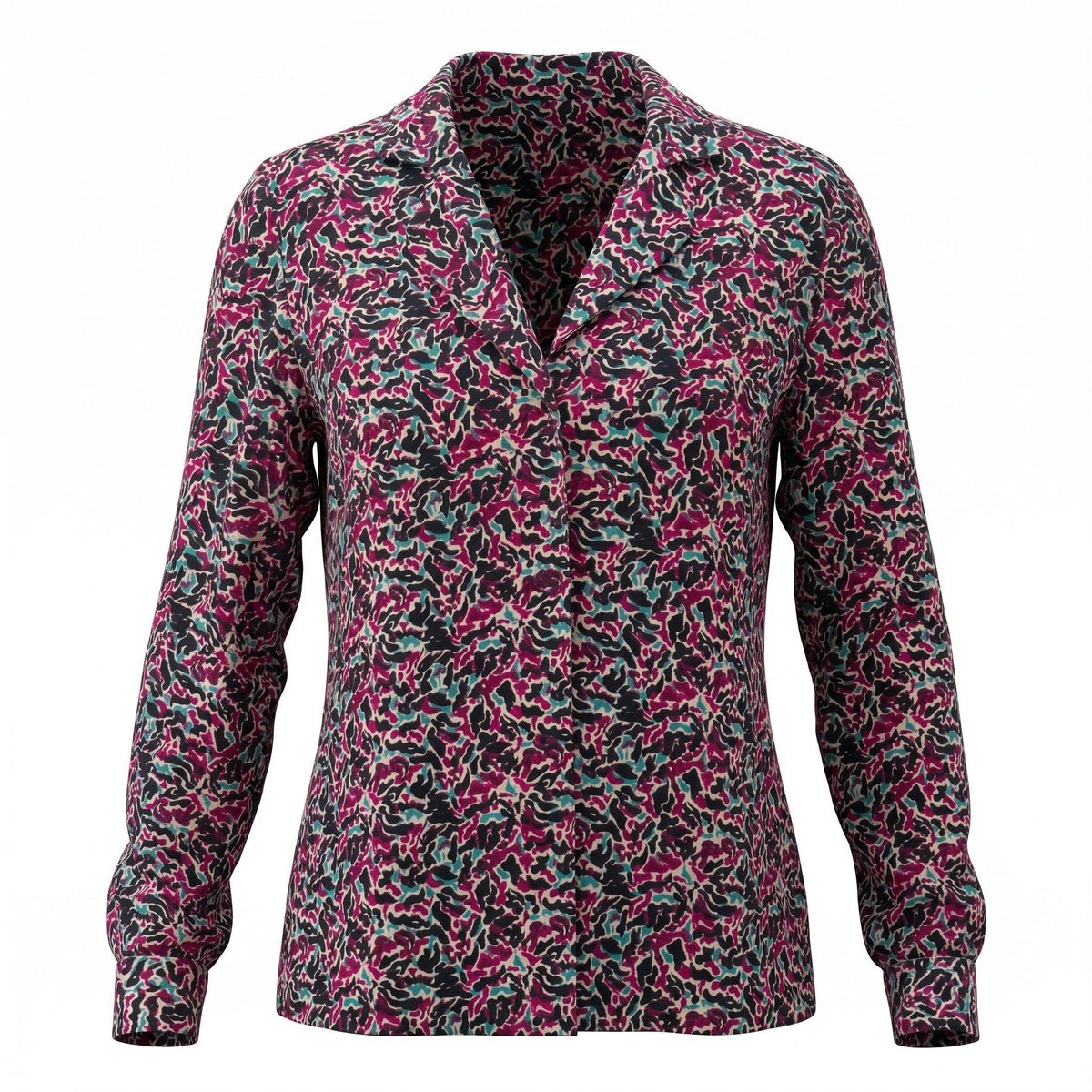 Chemise La Vie Continue à col V, imprimé camouflage multicolore bordeaux, fuchsia et vert sauge en polyester fluide