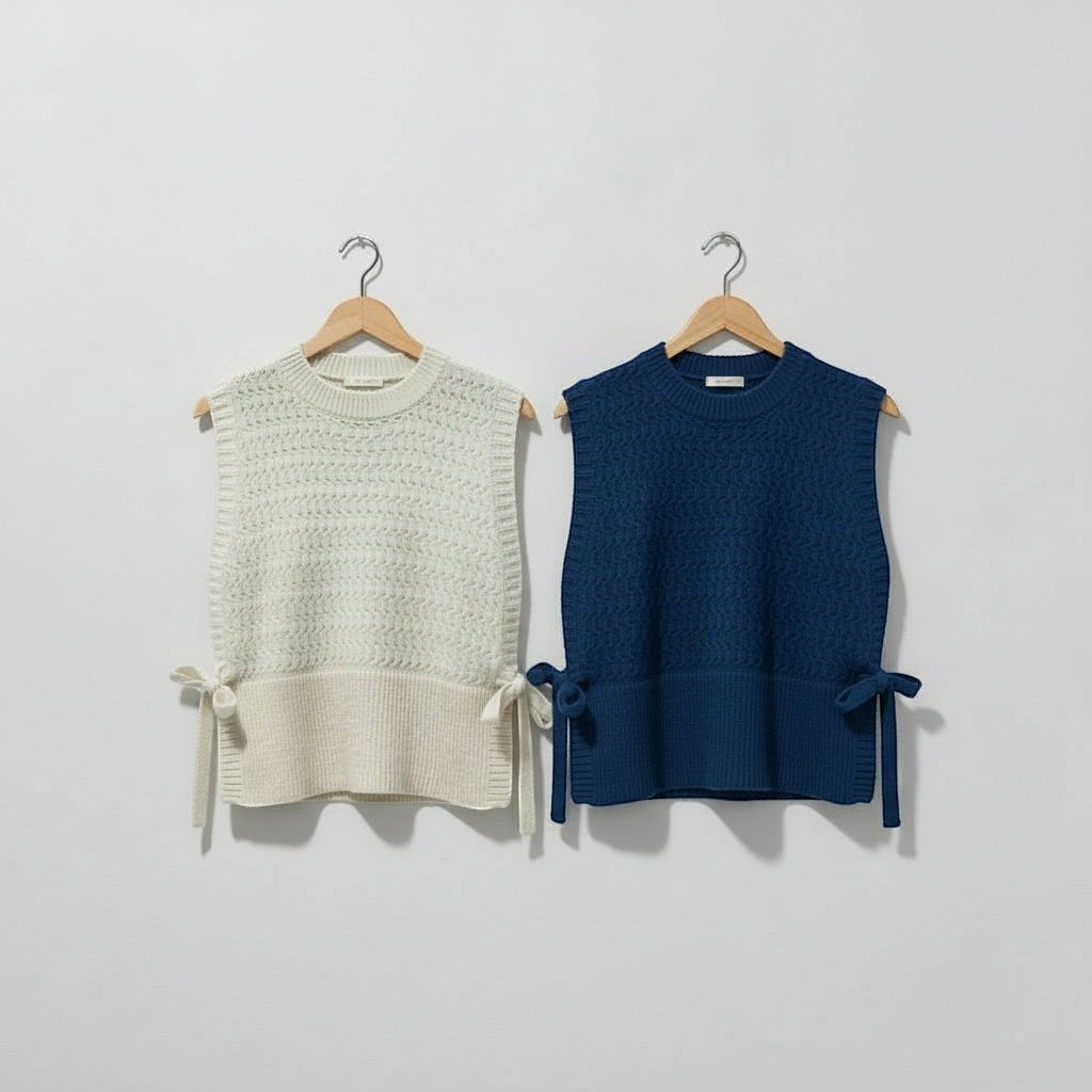 La Vie Continue cream and navy blue knit sleeveless tops with tie details on sides. Round neck, ribbed texture.
