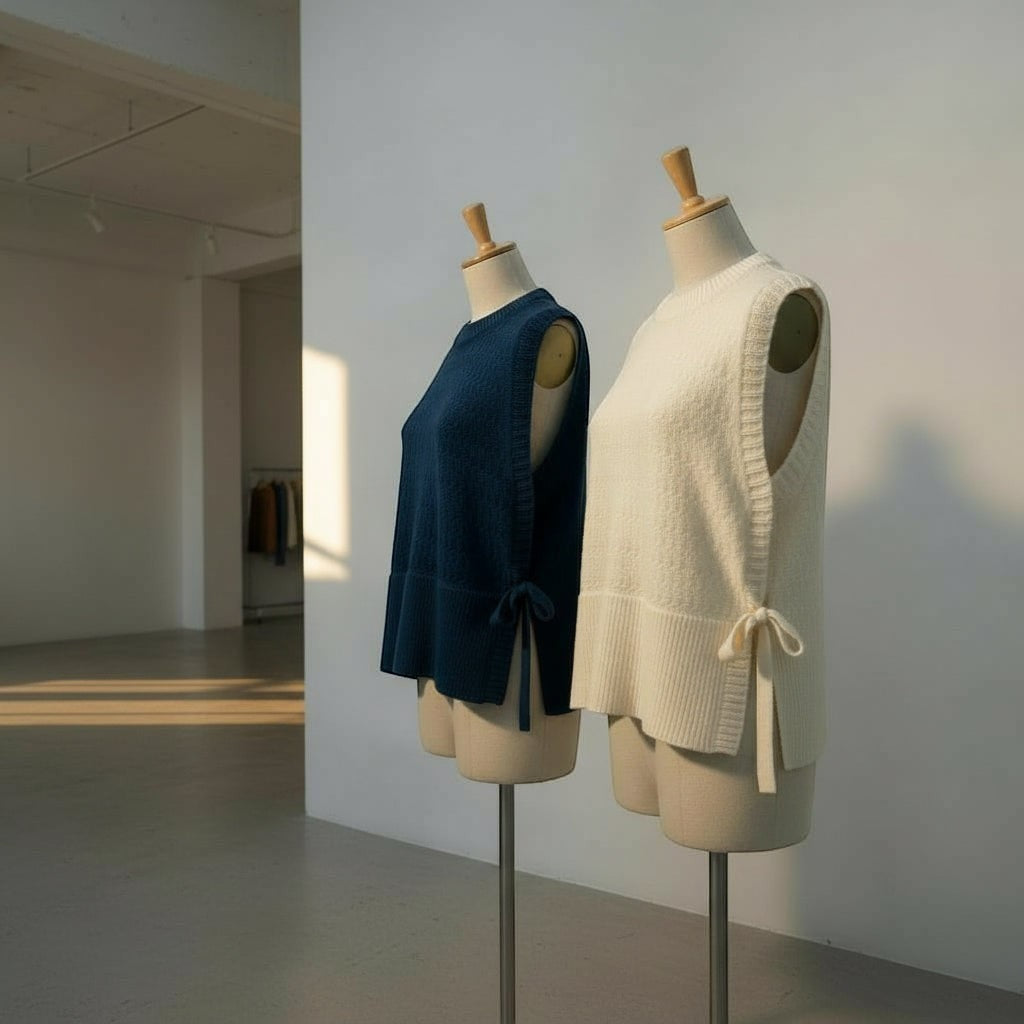La Vie Continue navy blue and cream knit sleeveless sweaters with tie details on the sides, round neck, ribbed texture.