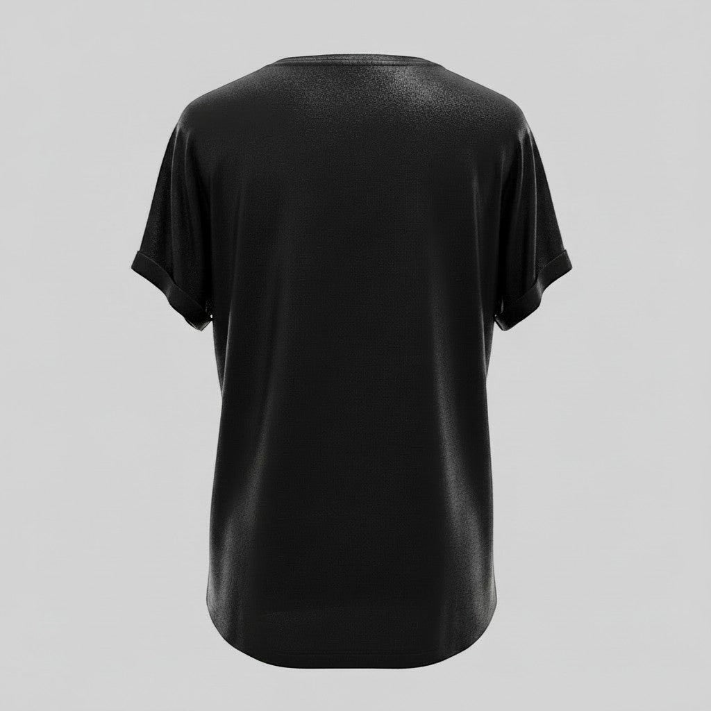 La Vie Continue T-shirt noir en modal 100% naturel avec paillettes discrètes, coupe simple et manches courtes retroussées.
