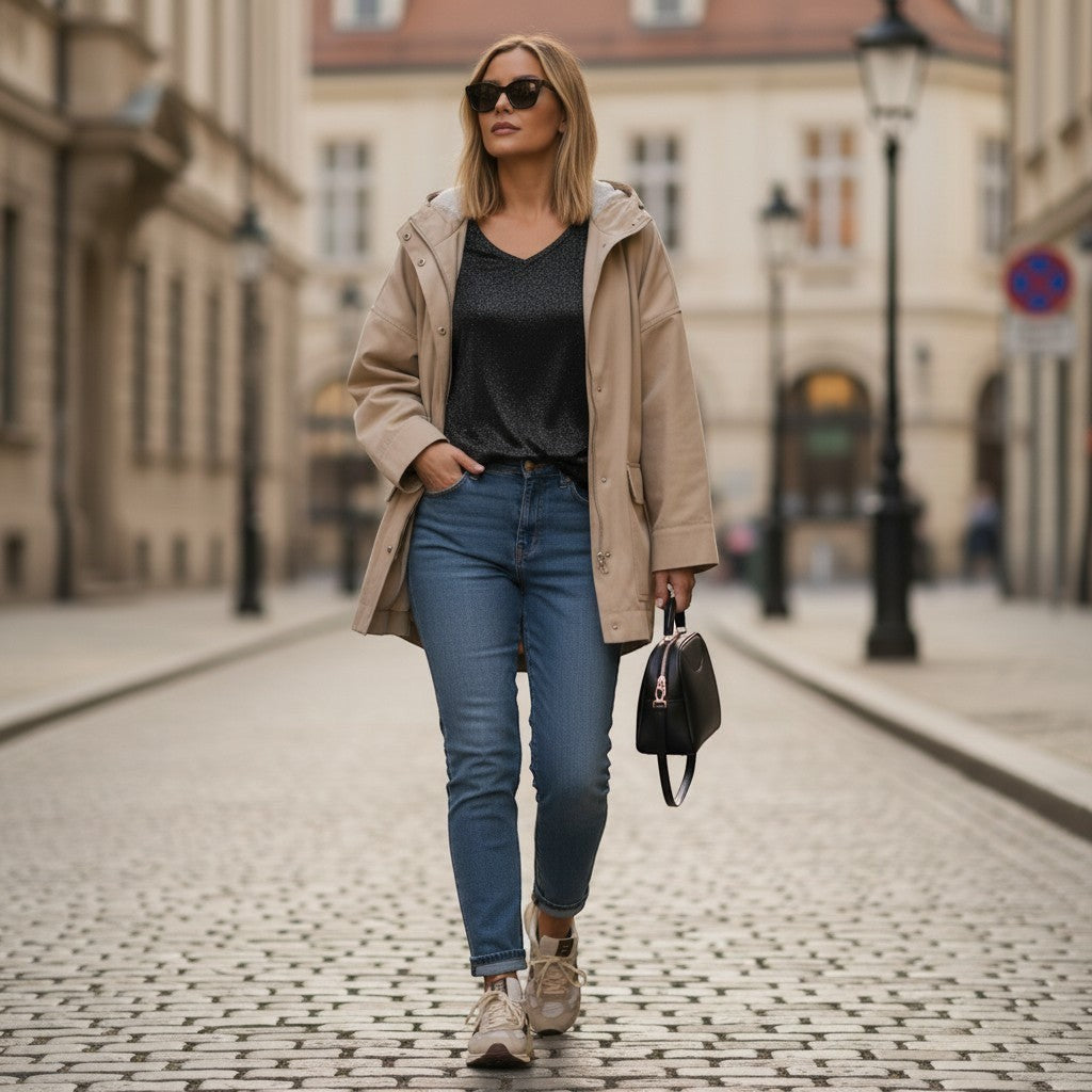 La Vie Continue T-shirt noir en modal pailleté, col en V, coupe simple, porté par une femme dans la rue.