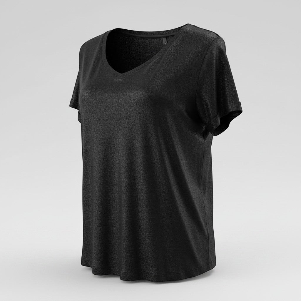 La Vie Continue T-shirt noir en modal 100% naturel avec un décolleté en V et des paillettes discrètes.