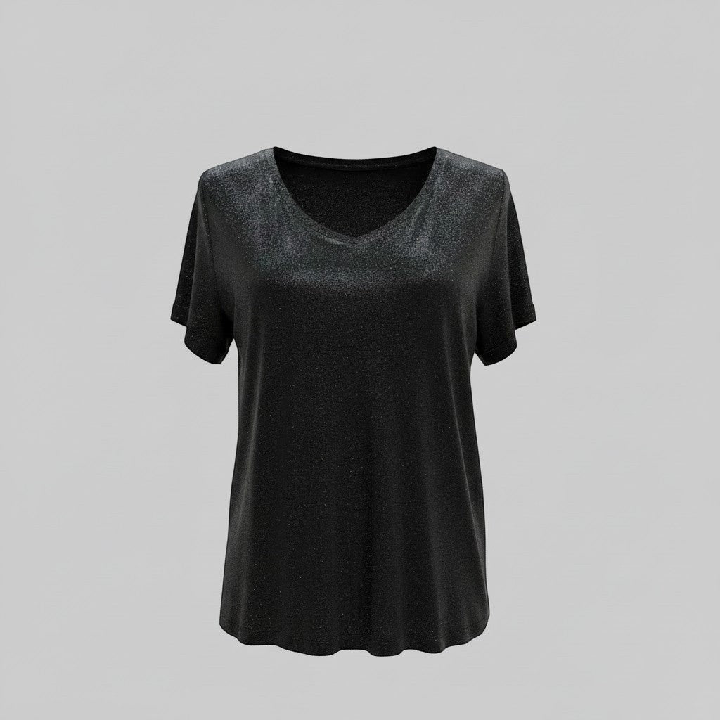 La Vie Continue T-shirt noir en modal 100% naturel avec un décolleté en V et des paillettes discrètes.