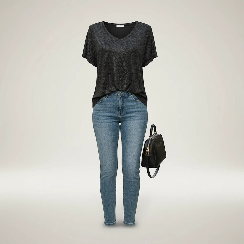 La Vie Continue T-shirt noir en modal à paillettes, col V, manches courtes, avec jean bleu et sac à dos noir.