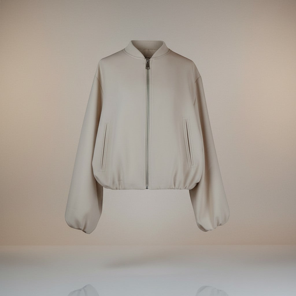 La Vie Continue beige bomber jacket with zip closure, round neck, and elasticated waist. Made from polyester, rayon, and elastane blend.