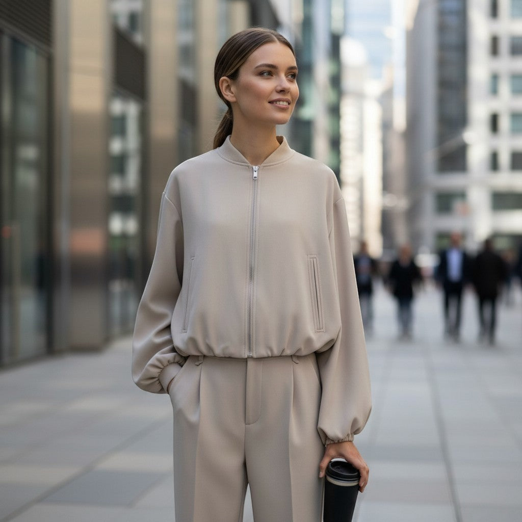 La Vie Continue beige polyester blend bomber jacket and high-waisted trousers set on a woman.