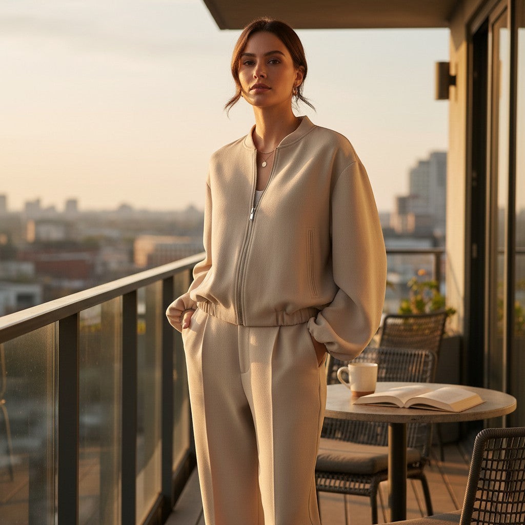 La Vie Continue beige polyester blend bomber jacket and high-waisted trousers set on a woman.
