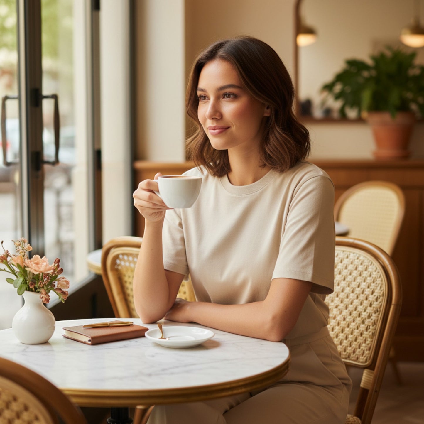La Vie Continue beige cotton-polyester blend t-shirt with round neck, worn by a woman sitting at a cafe table.