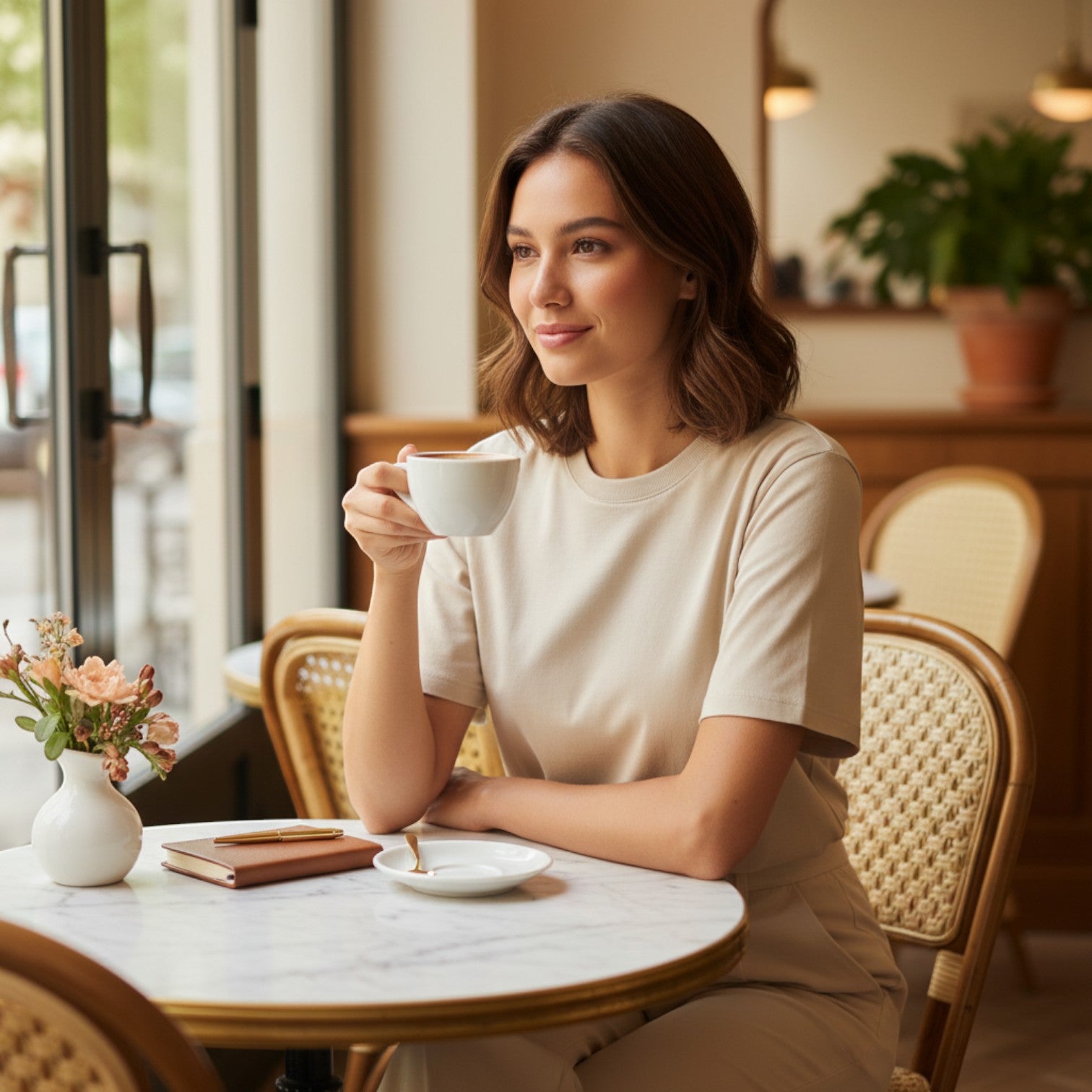 La Vie Continue beige cotton-polyester blend t-shirt with round neck, worn by a woman sitting at a cafe table.