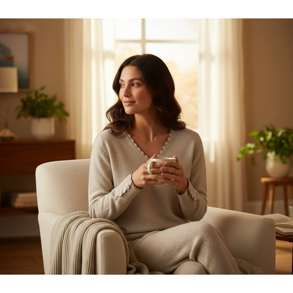 La Vie Continue beige knit sweater with crochet V-neck and sleeve details, worn by a woman holding a mug.