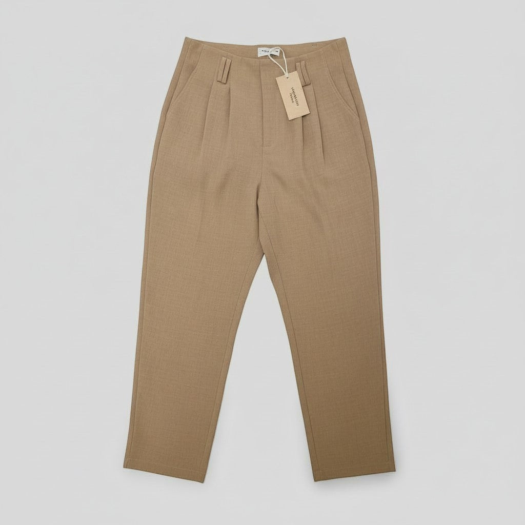 La Vie Continue high-waisted beige polyester-elastane straight-leg trousers with front pleats and side pockets.