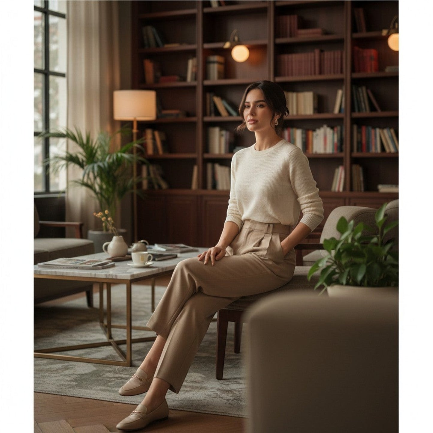 La Vie Continue high-waisted beige polyester-elastane straight-leg trousers with front pleats and side pockets.