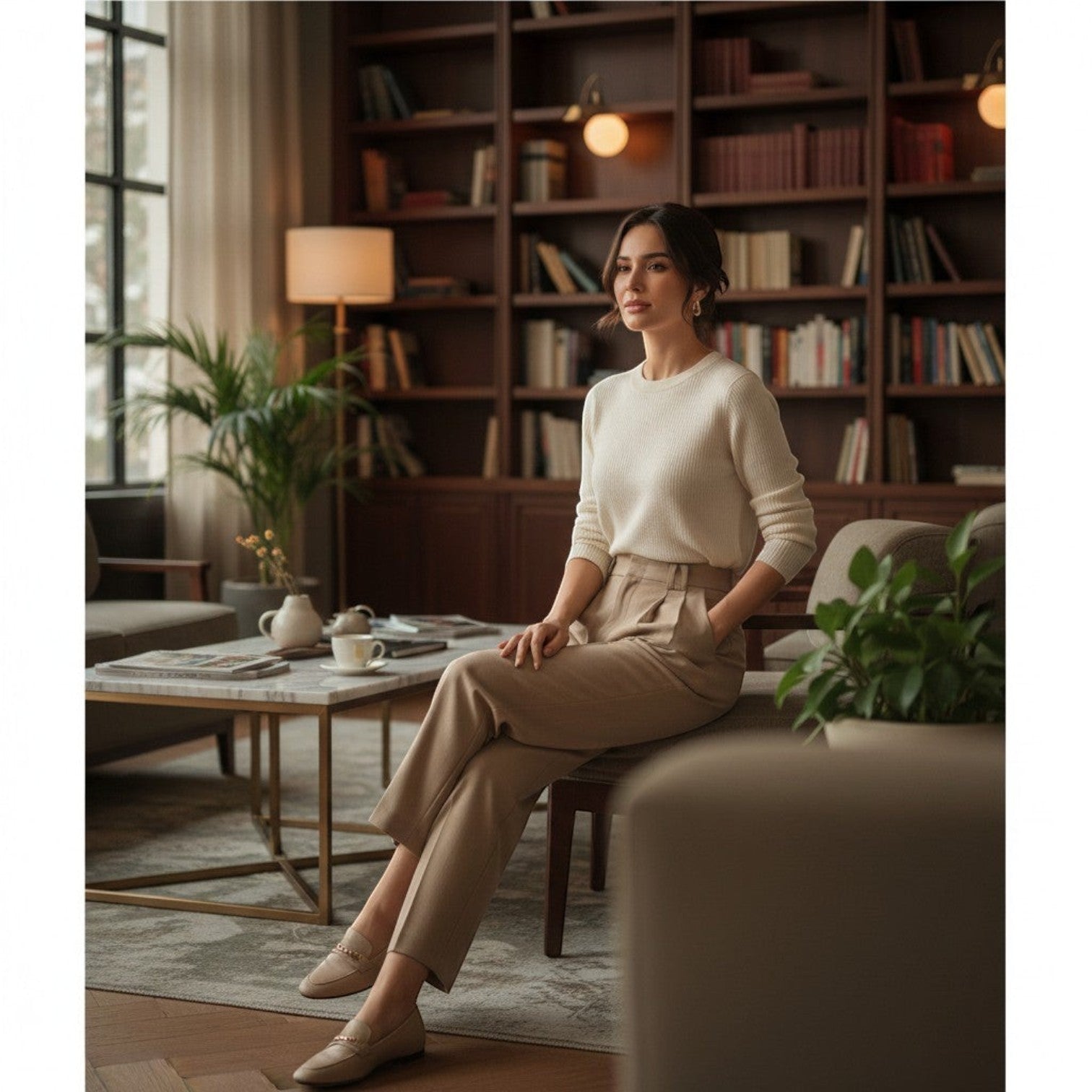La Vie Continue high-waisted beige polyester-elastane straight-leg trousers with front pleats and side pockets.
