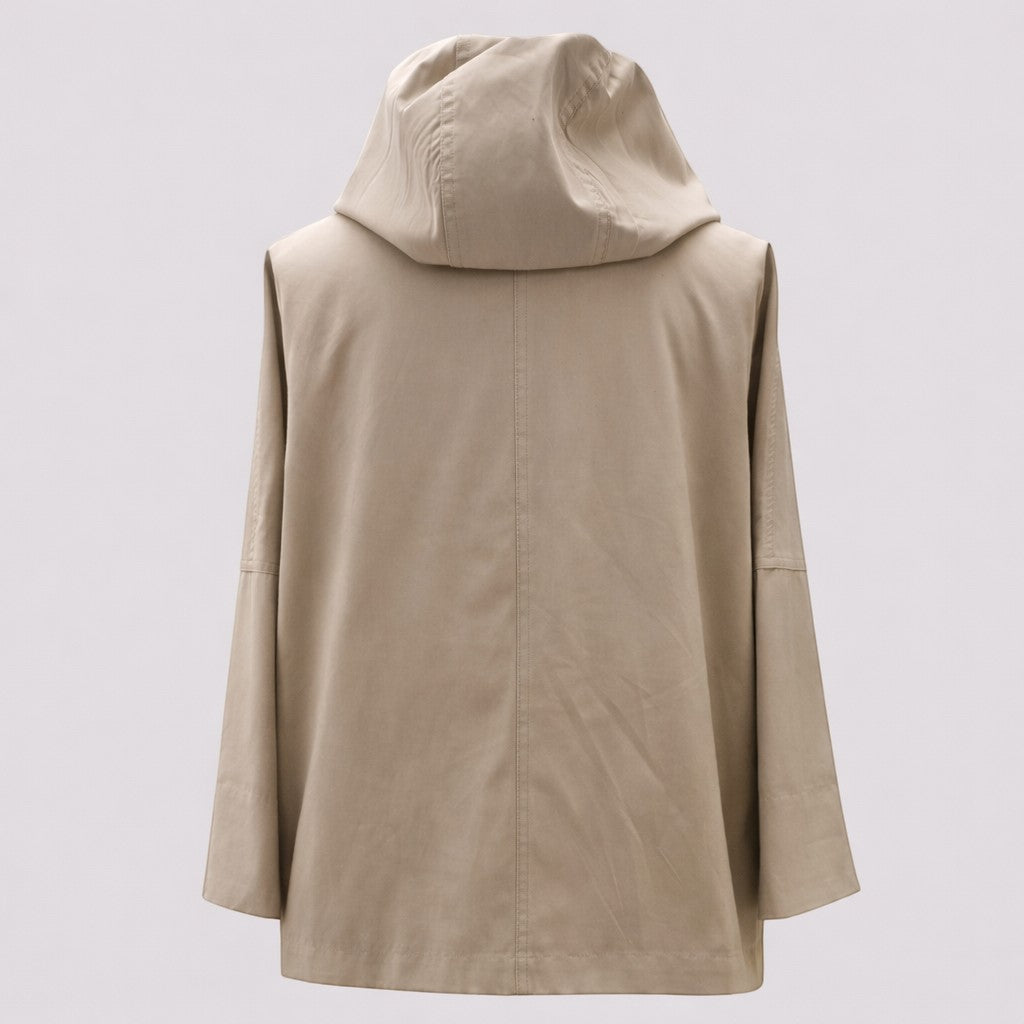 La Vie Continue beige hooded jacket made from a cotton, polyester, and polyamide blend. Features a relaxed fit and modern design.