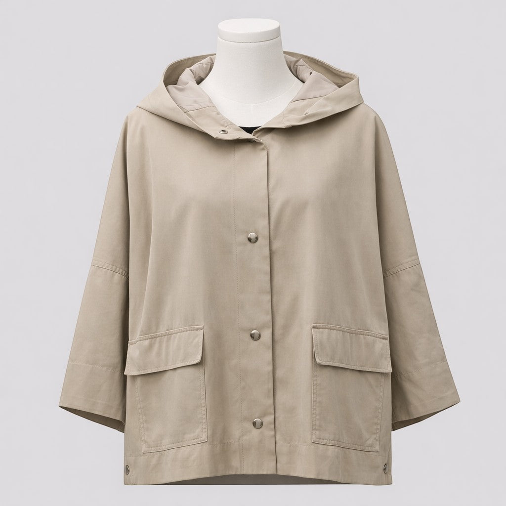La Vie Continue beige hooded jacket made of cotton, polyester, and polyamide blend. Features snap buttons, patch pockets, and a relaxed fit.