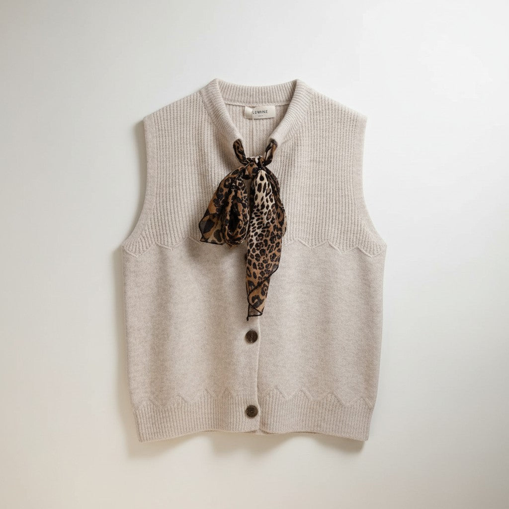 La Vie Continue beige knit vest with ribbed texture and leopard print scarf detail. Button front closure.