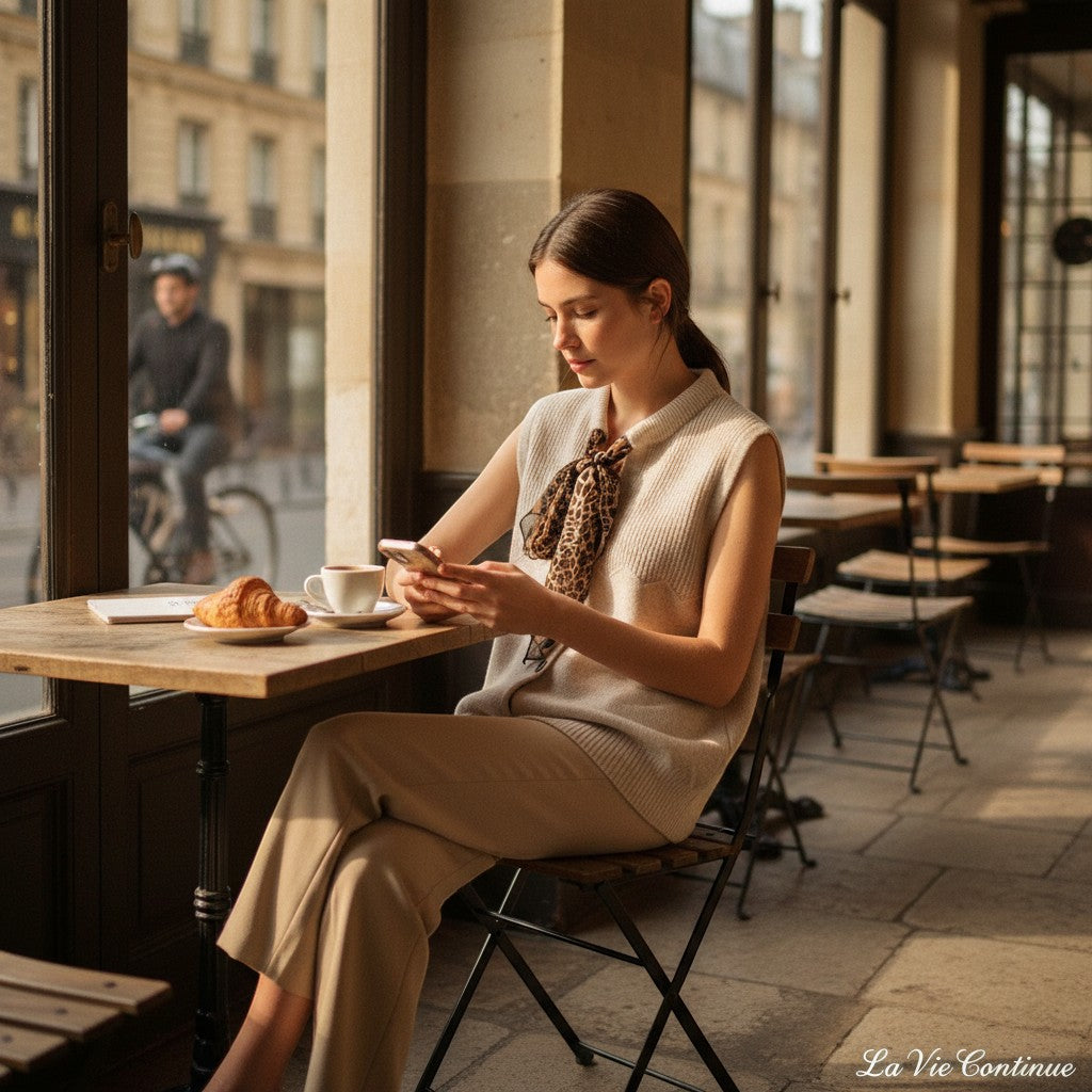 La Vie Continue woman wearing a beige knit vest with a leopard print scarf, sitting at a cafe table.