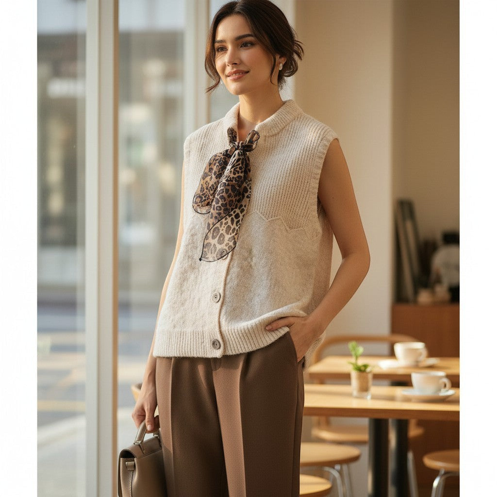 La Vie Continue beige knit vest with leopard print scarf detail, button front, and mock neck. Model wears autumn outfit.