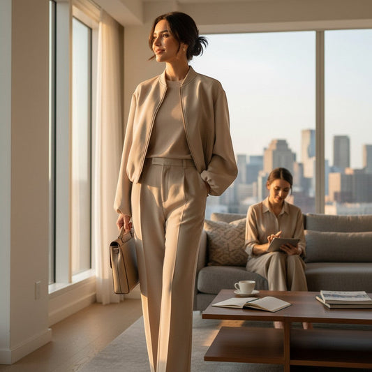 La Vie Continue beige polyester blend bomber jacket and wide-leg trousers suit on a woman, modern elegant style.