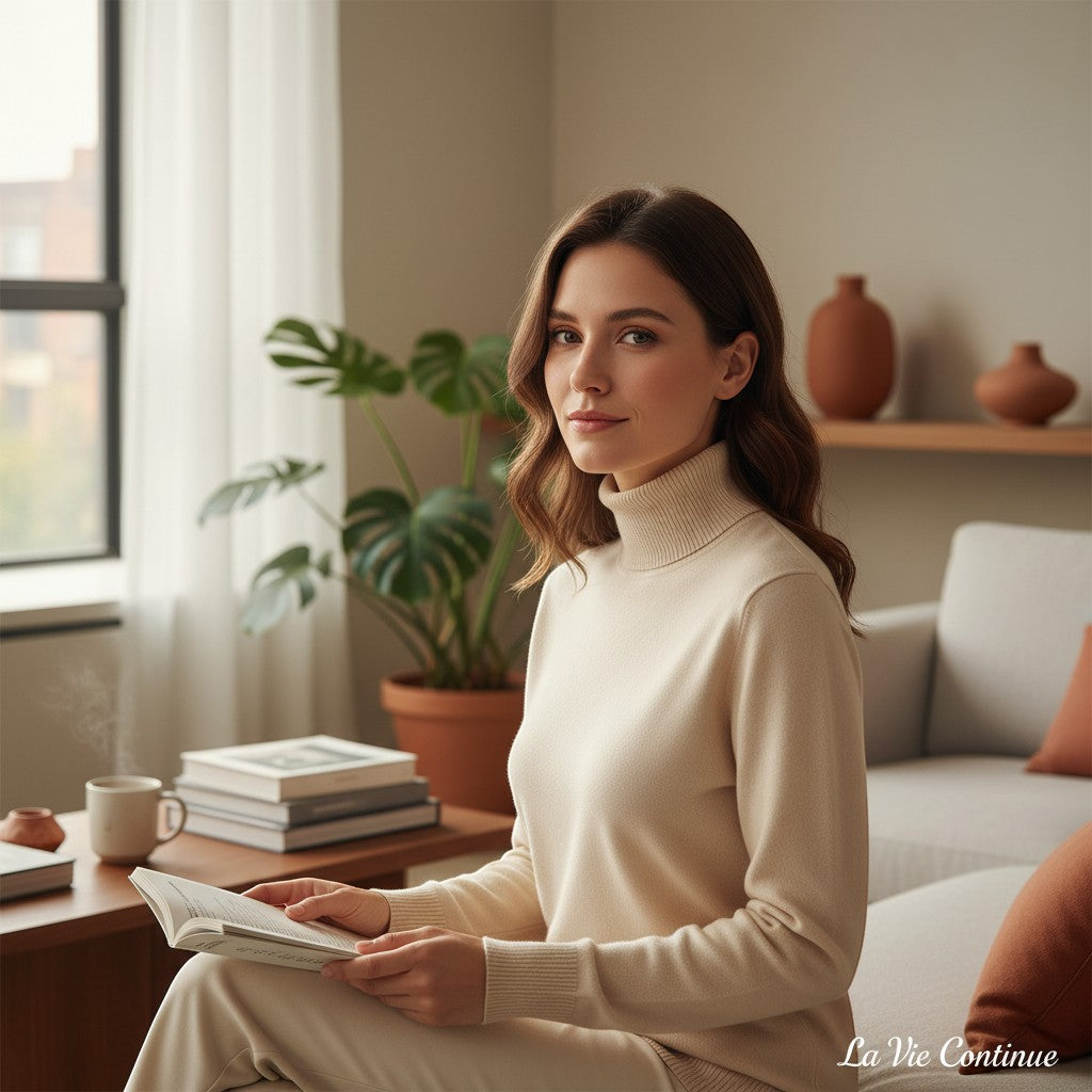 La Vie Continue beige turtleneck sweater made of a soft, comfortable knit blend. A woman sits reading a book.