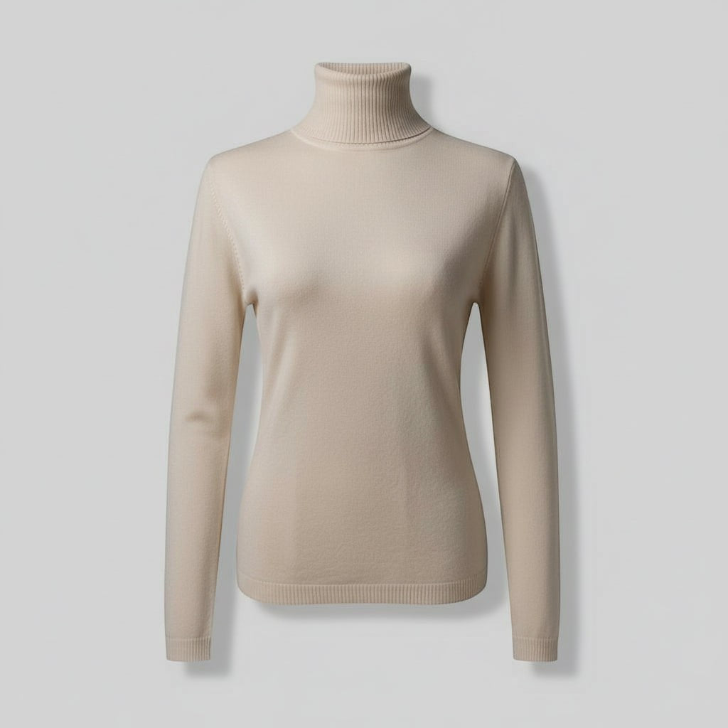 La Vie Continue beige turtleneck sweater, a versatile and comfortable basic made from a soft blend of acrylic, polyester, nylon, and viscose.