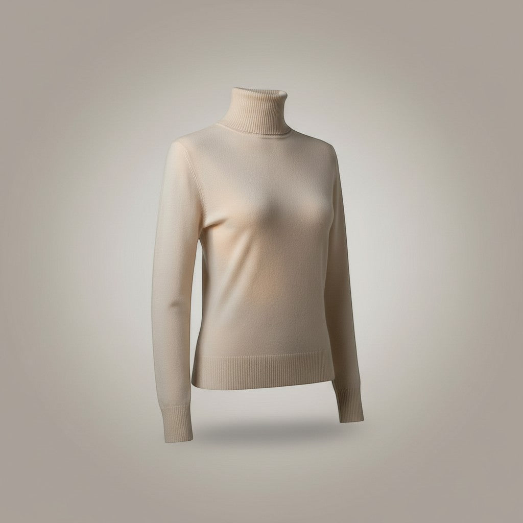 La Vie Continue beige basic turtleneck sweater, soft knit, versatile for layering or standalone wear.