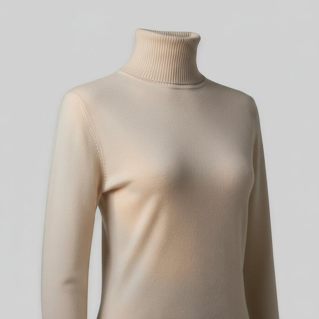 La Vie Continue beige turtleneck sweater, a basic and essential piece made from a soft blend of acrylic, polyester, nylon, and viscose.