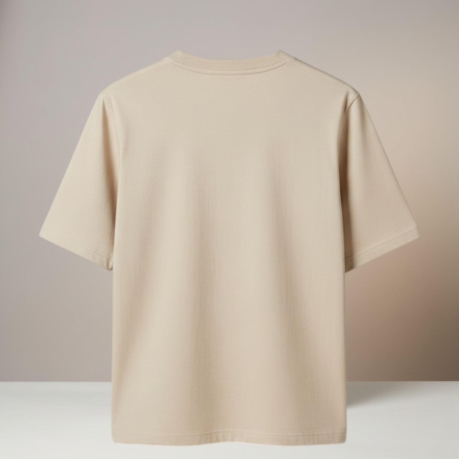 La Vie Continue beige and white crew neck t-shirt, classic fit, 45% cotton/55% polyester blend.