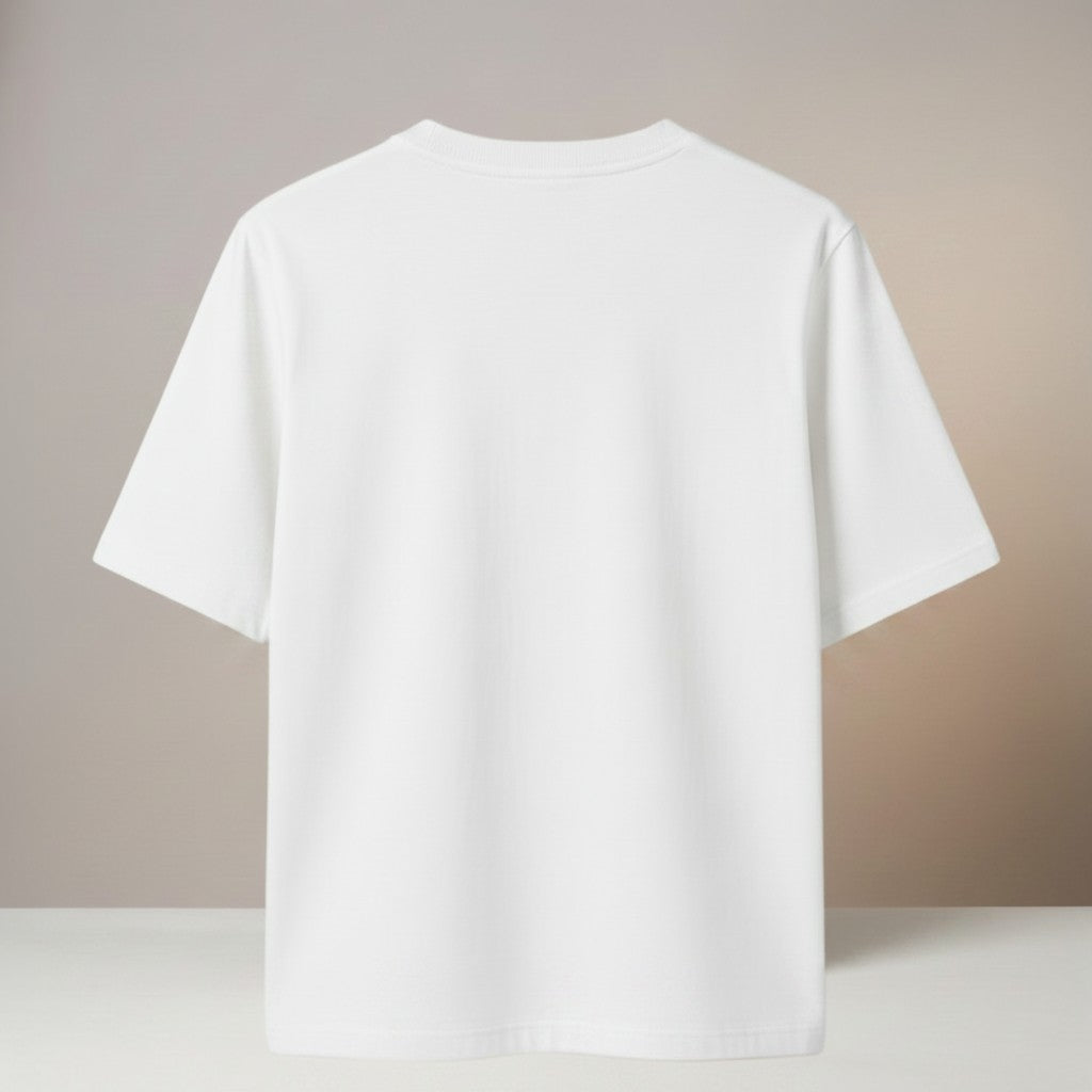 La Vie Continue beige and white crew neck t-shirt made from a cotton-polyester blend with a classic fit.