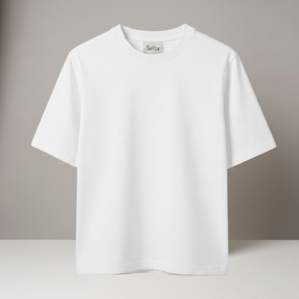 La Vie Continue beige and white cotton-polyester blend crew neck t-shirt with classic fit.