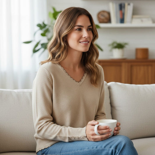 La Vie Continue beige V-neck wool blend sweater with crochet trim and decorative buttons on sleeves, worn by a woman holding a mug.