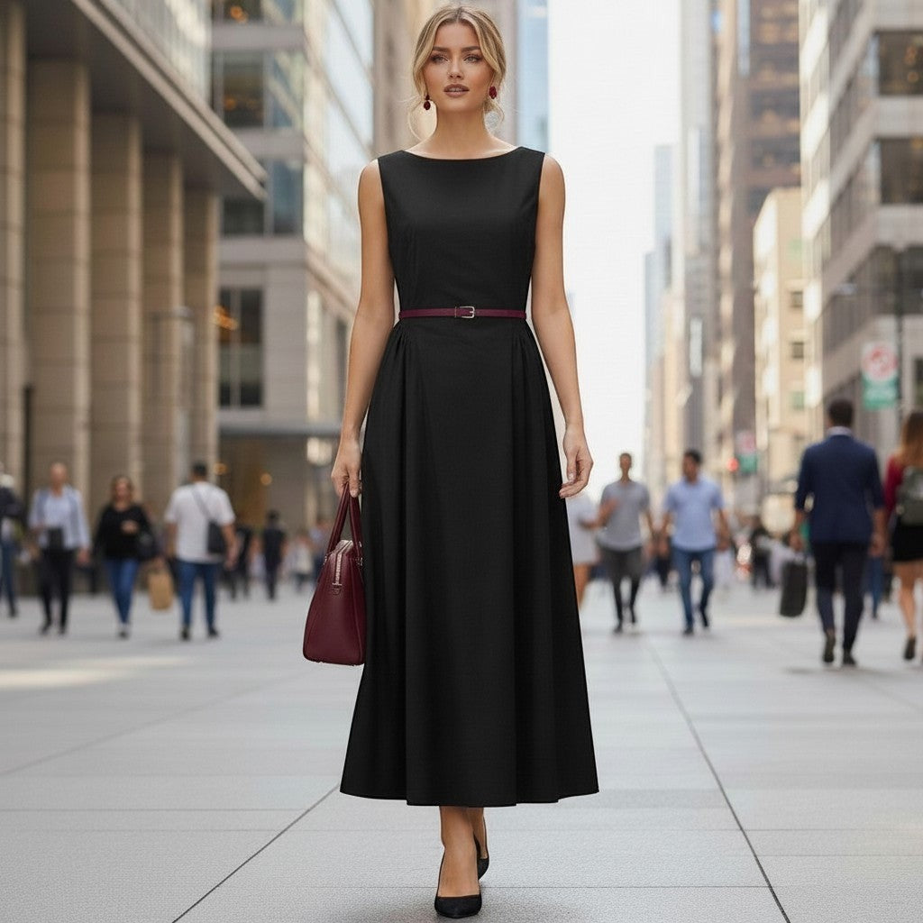 La Vie Continue black 100% cotton sleeveless midi dress with belt, boat neck, and flared skirt, worn by a model in a city street.