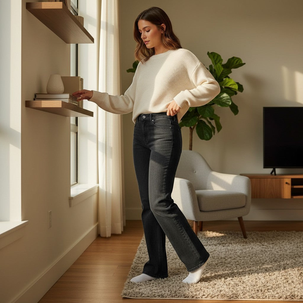 La Vie Continue black high-waisted wide-leg jeans made from cotton and elastane, worn by a woman in a cream sweater.