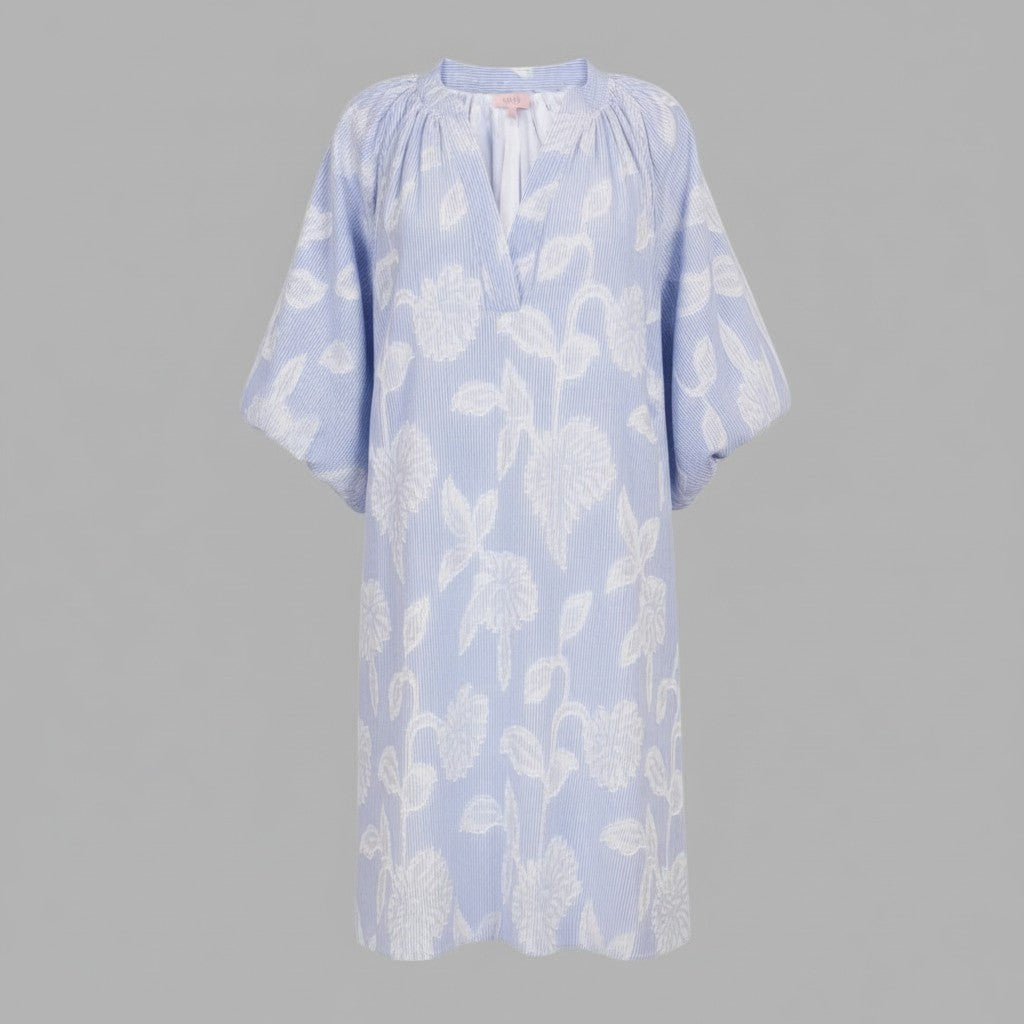 La Vie Continue blue pastel floral print 100% cotton V-neck dress with puff sleeves and side pockets.