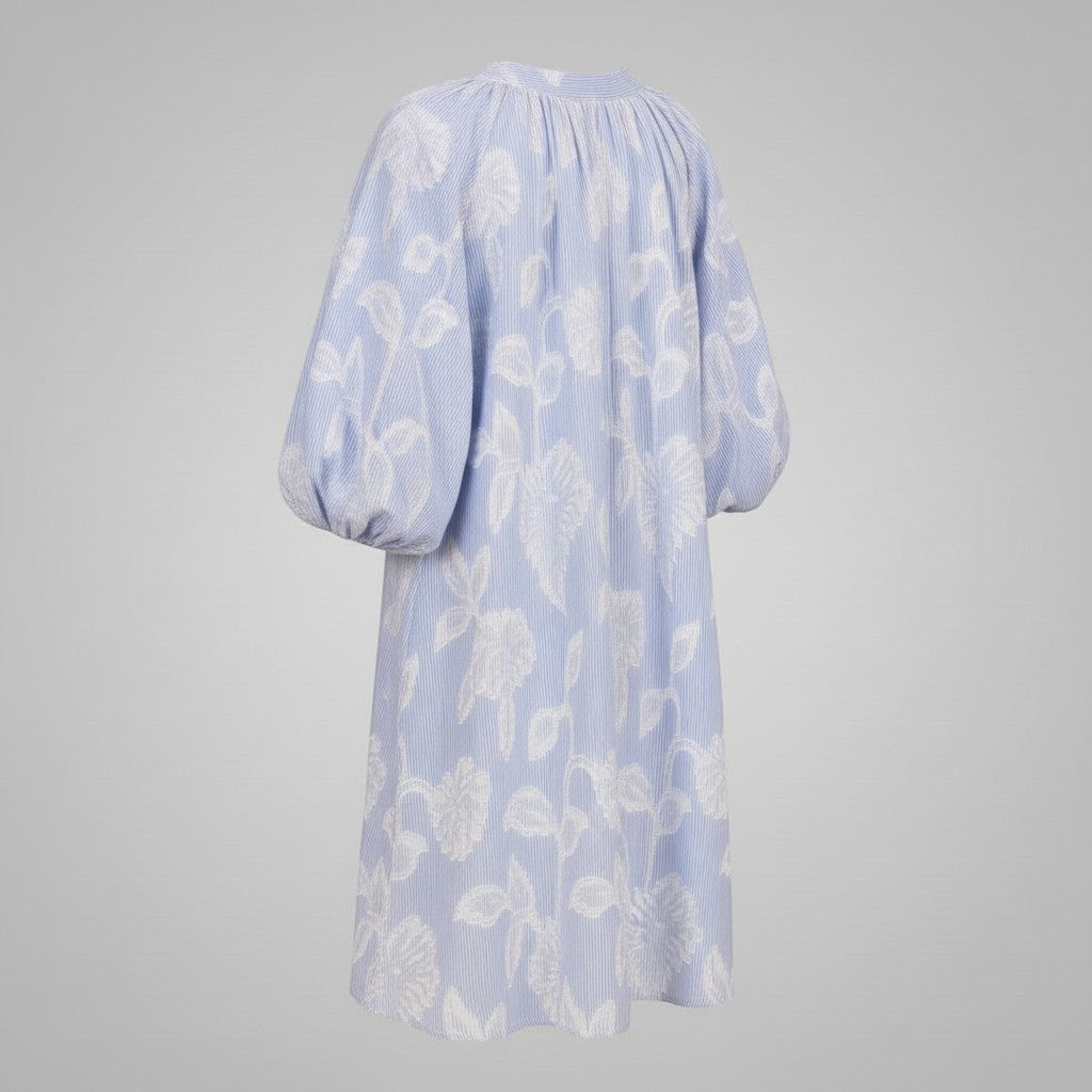 La Vie Continue blue pastel floral print 100% cotton midi dress with puffed sleeves and V-neck.