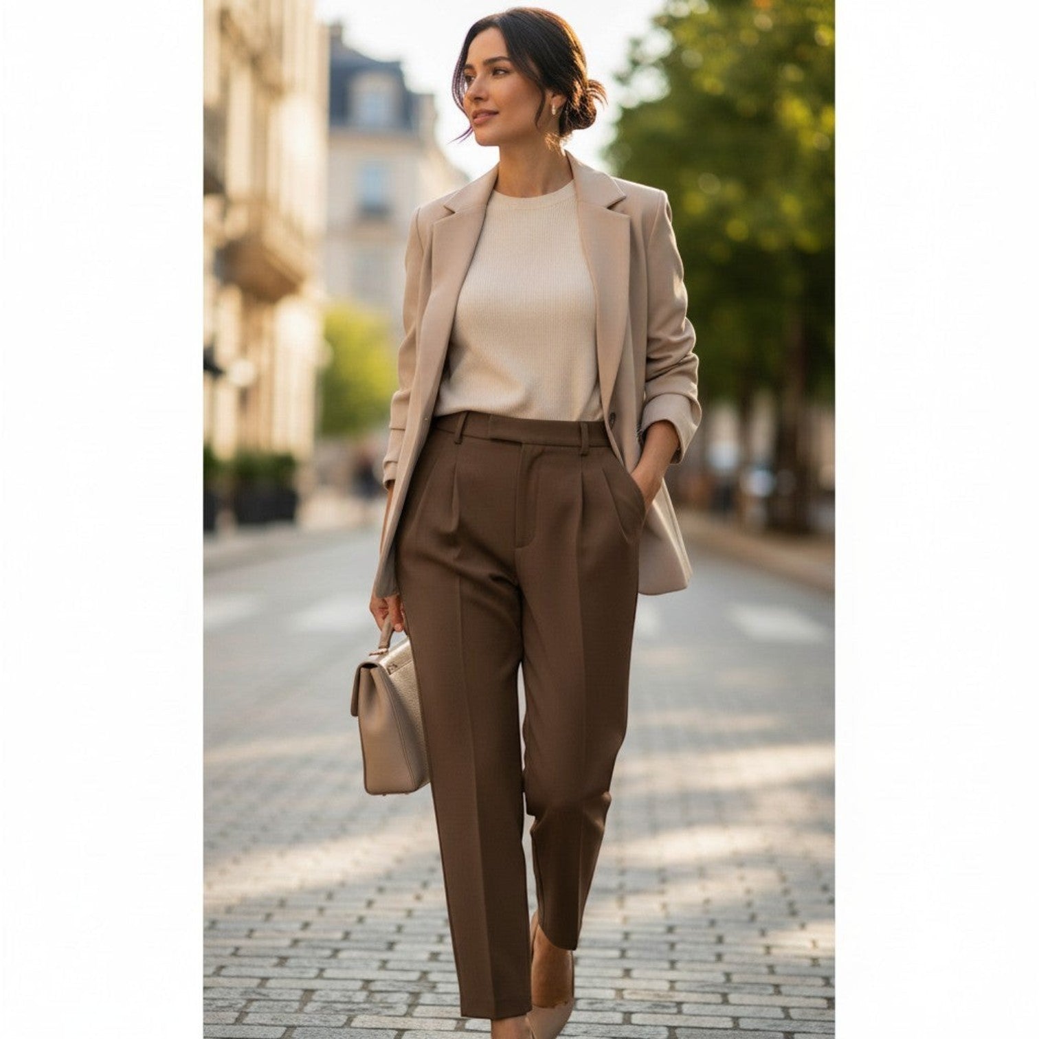 La Vie Continue brown high-waisted straight-leg trousers with front pleats and side pockets, paired with a beige blazer and cream top.