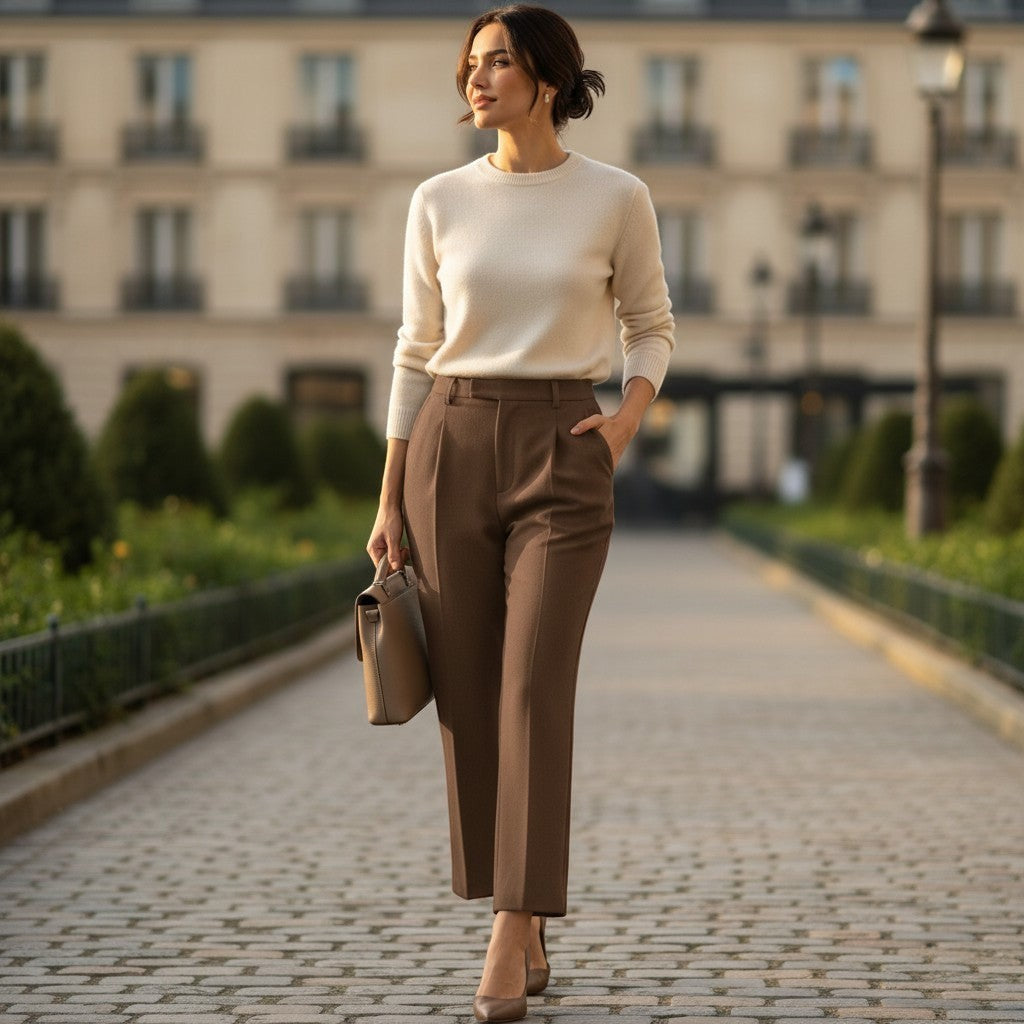 La Vie Continue brown high-waisted polyester-elastane trousers with a straight, slightly tapered leg and front pleats.