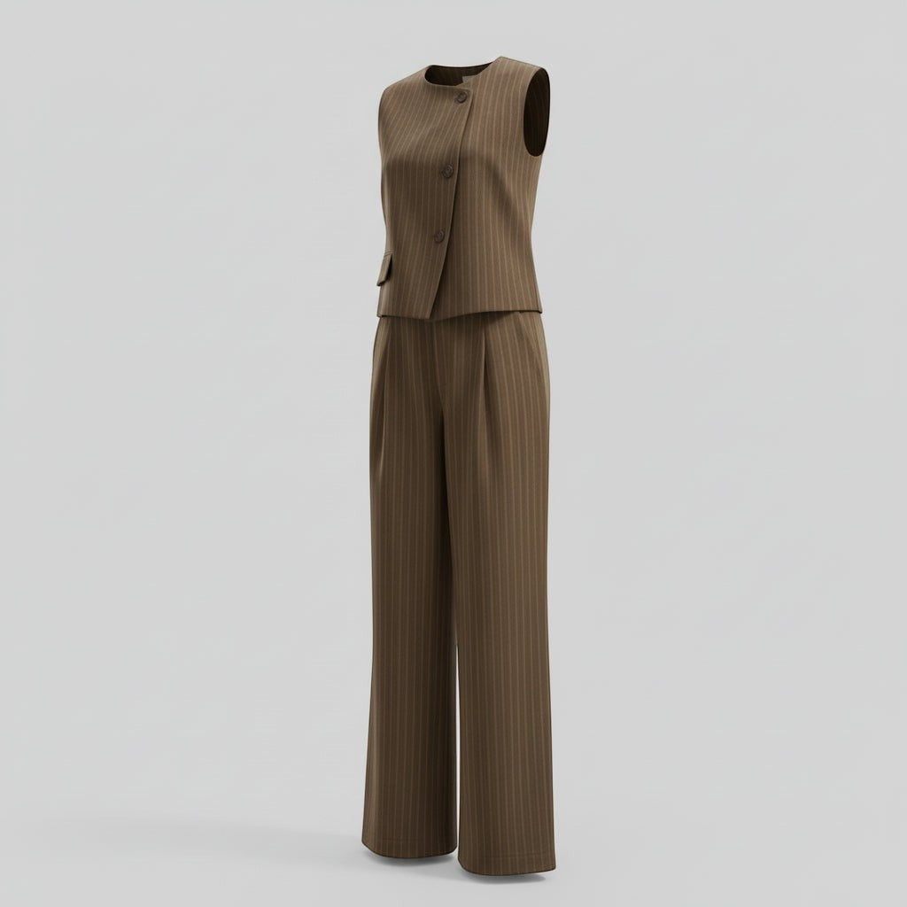 La Vie Continue brown pinstripe sleeveless vest and wide-leg trousers suit set made from polyester, viscose, and elastane blend.
