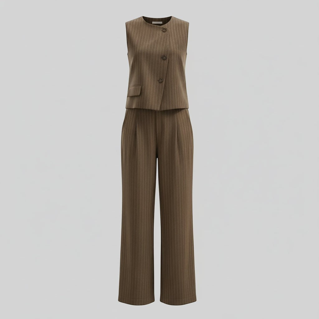 La Vie Continue brown pinstripe sleeveless vest and wide-leg trousers suit set. Polyester blend.