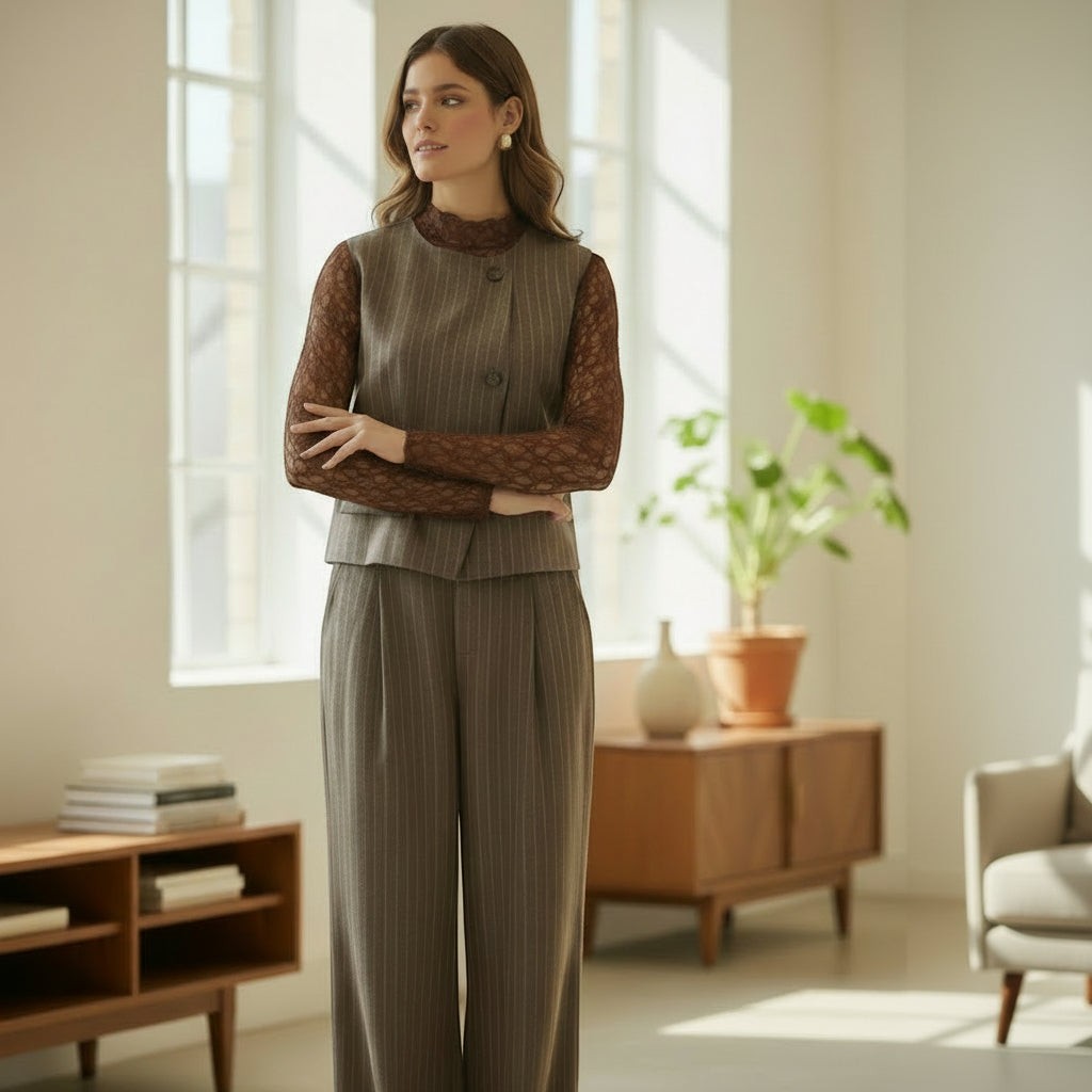 La Vie Continue brown pinstripe sleeveless vest and wide-leg trousers suit with brown lace top