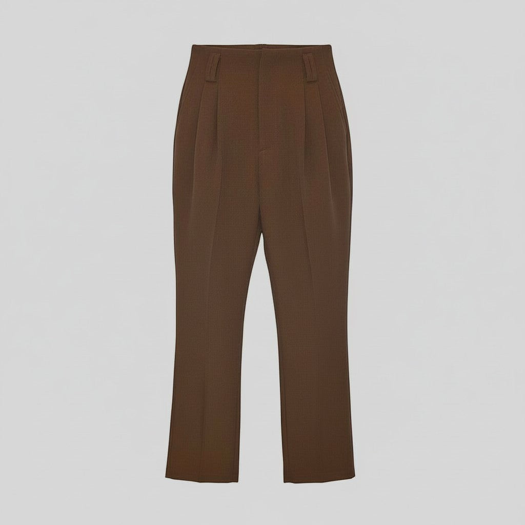 La Vie Continue brown high-waisted polyester-elastane trousers with a straight, slightly tapered leg and front pleats.