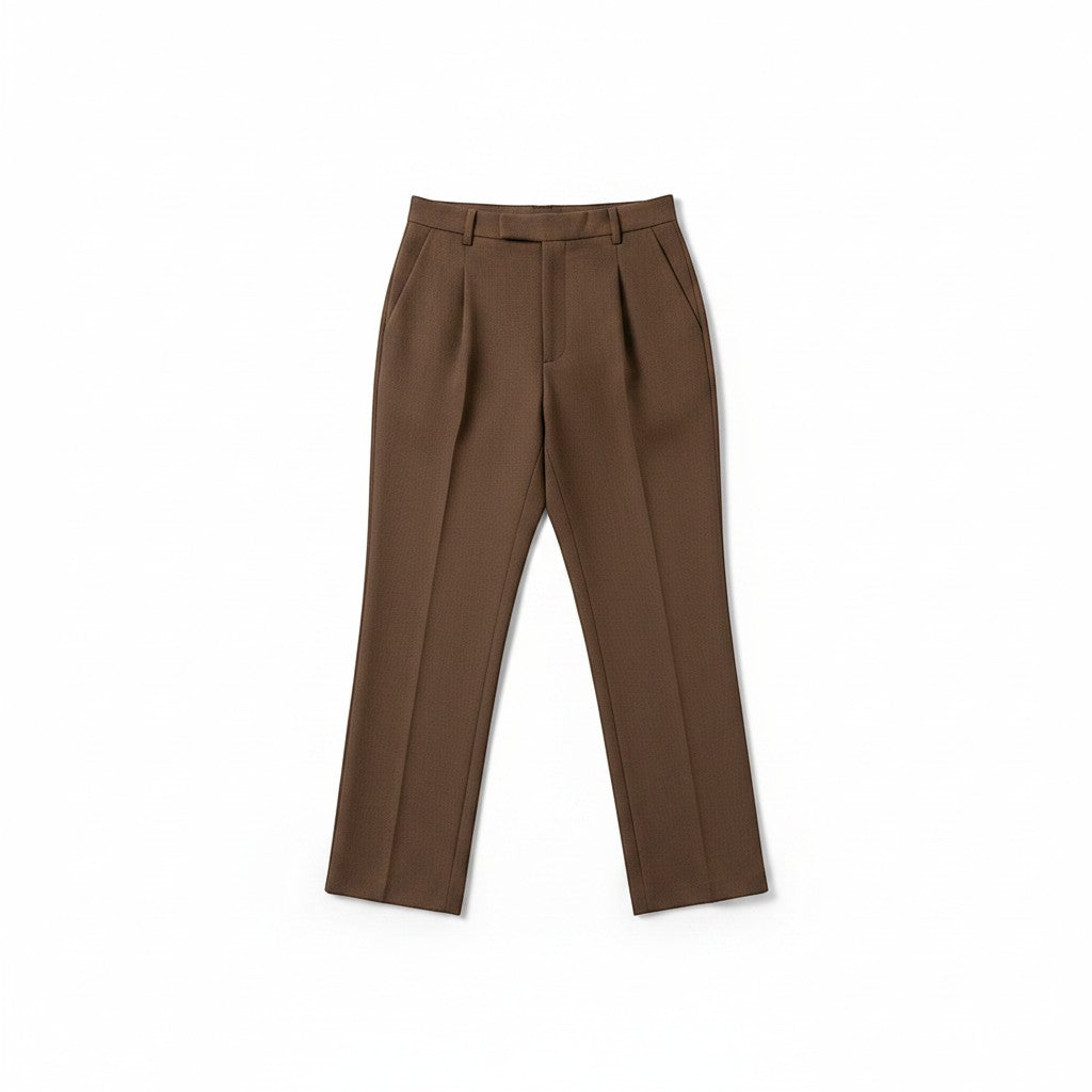 La Vie Continue brown high-waisted polyester-blend trousers with a straight, slightly tapered leg and front pleats.